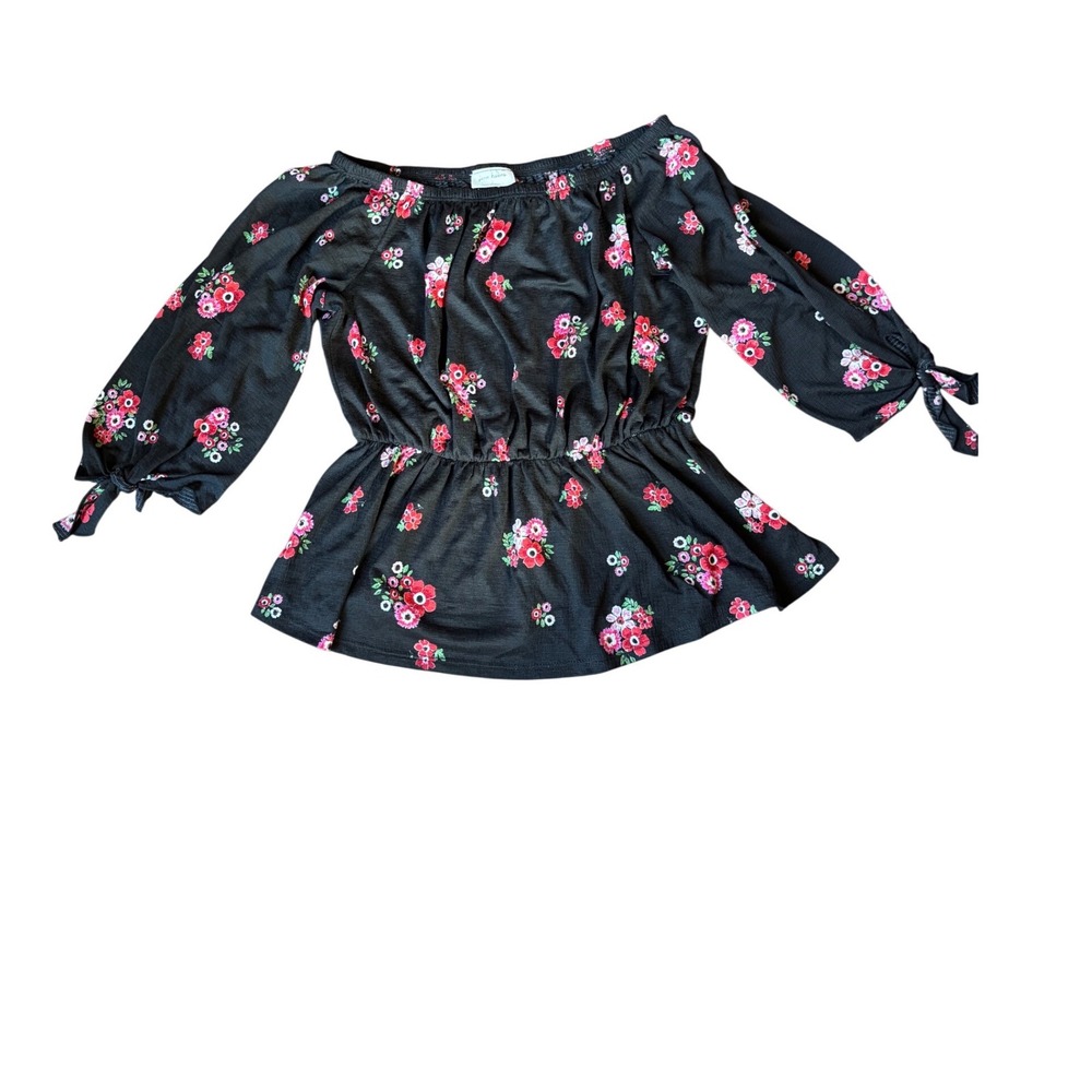 Free Kisses‎ boho y2k Floral Peplum Top Black Pink Red Off Shoulder Tie Sleeve L